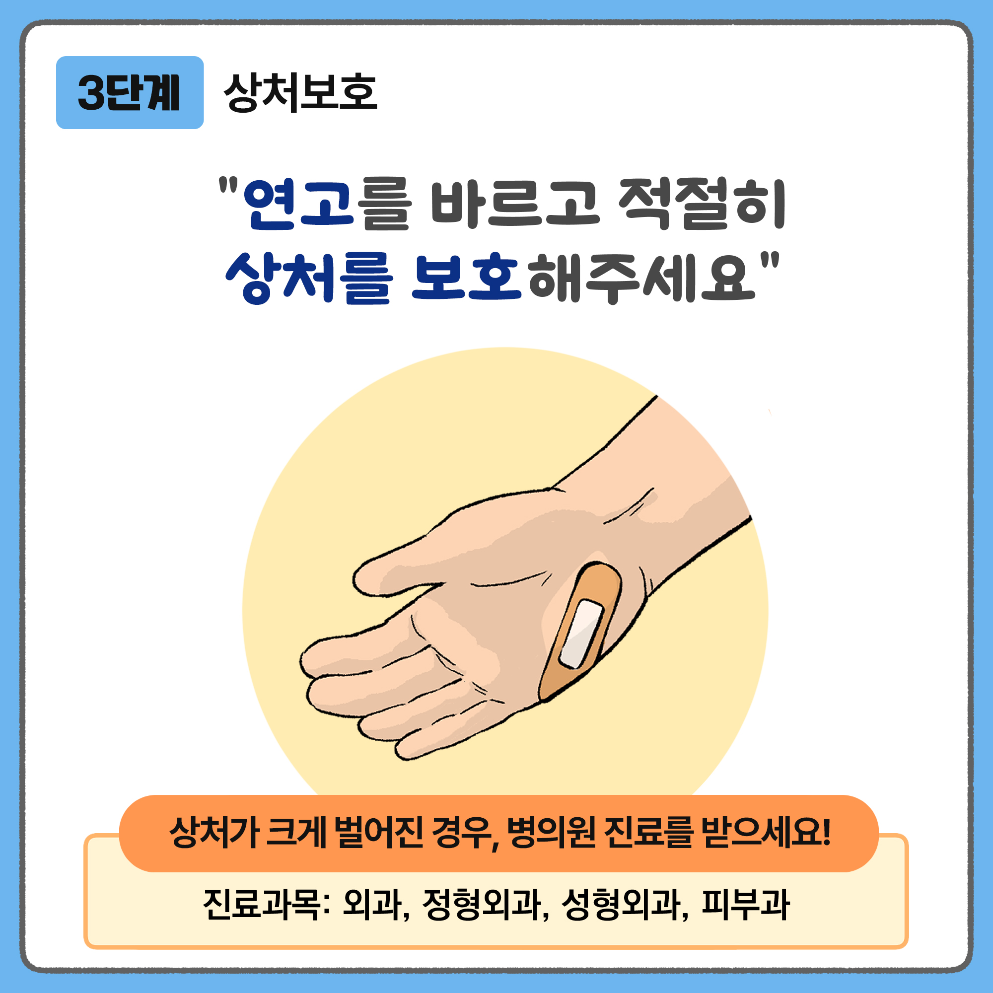 3단계 상처보호 - 연고를 바르고 적절히 상처를 보호해주세요. 상처가 크게 벌어진 경우, 병의원 진료를 받으세요! 진료과목 : 외과, 성형외과, 정형외과, 피부과